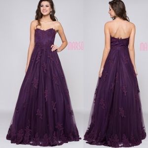 MARSONI strapless Purple Lace long Ballgown